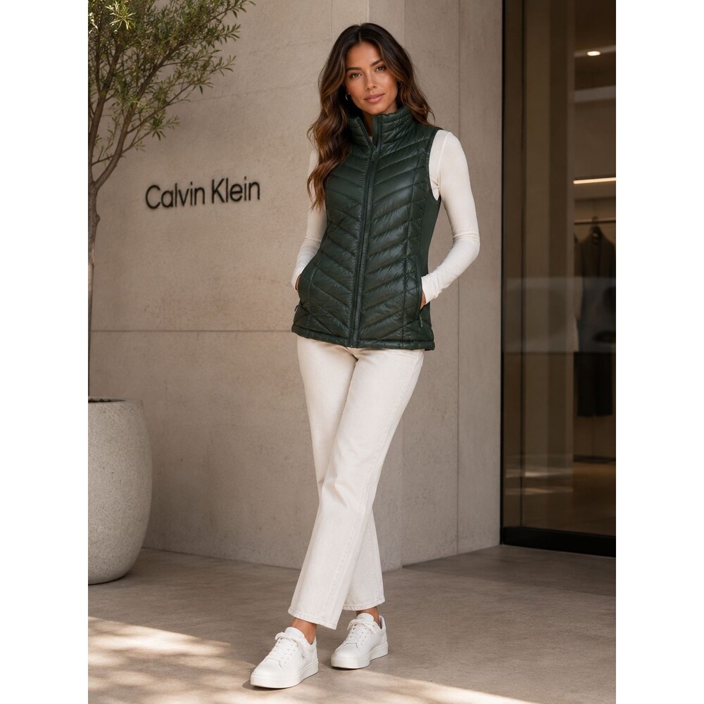 CALVIN KLEIN Women’s SMALL New Full Zip Vest Green Puffer Quilted Outdoor